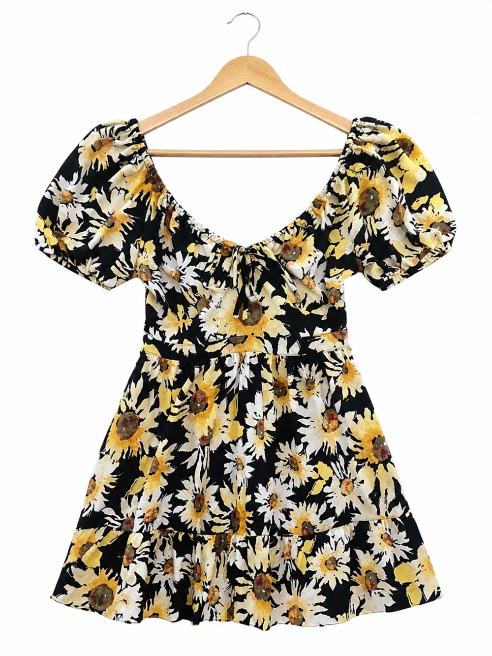 Donna Morgan Dress 12 NWT Sunflower Floral Puff Sleeve Cottagecore Mini pockets
